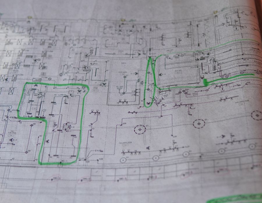 Marked-up construction drawings from an REI Hospitality build-out